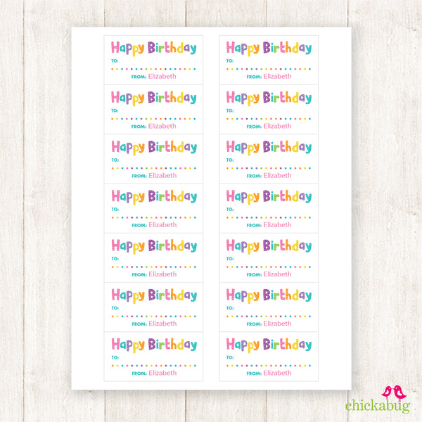 Pink Rainbow Dots Birthday Gift Labels