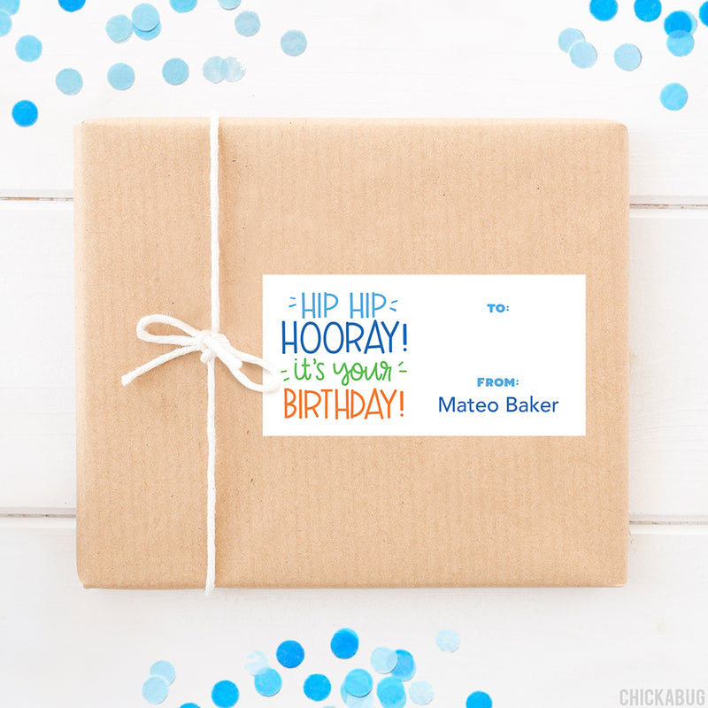 "Hip Hip Hooray!" Blue Birthday Gift Labels