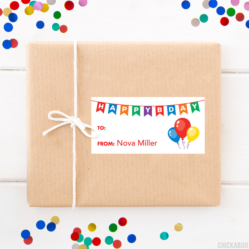 Rainbow Banner & Balloons Birthday Gift Labels