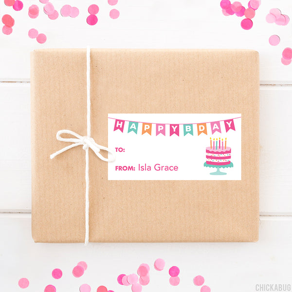 Pink Banner & Cake Birthday Gift Labels