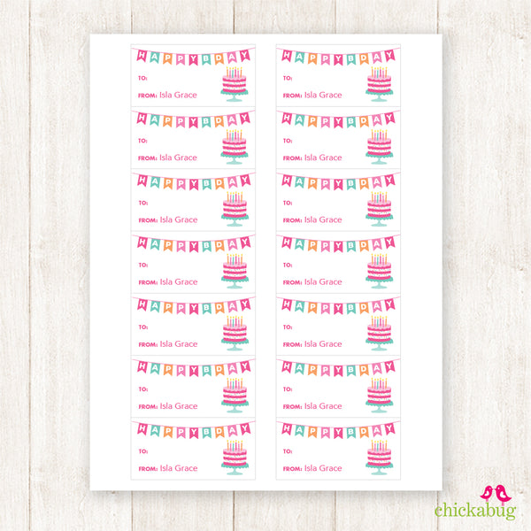 Pink Banner & Cake Birthday Gift Labels