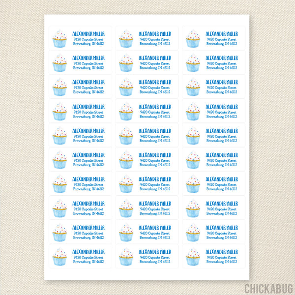 Watercolor Blue Cupcake Address Labels