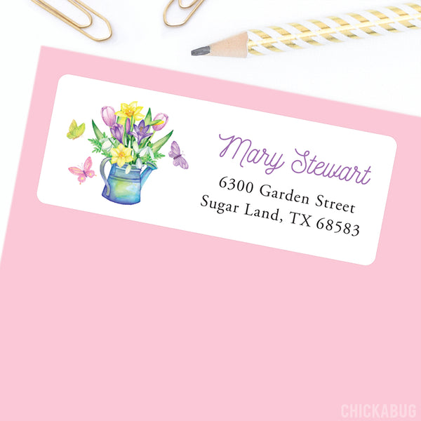 Spring Flowers in Watering Can Address Labels
