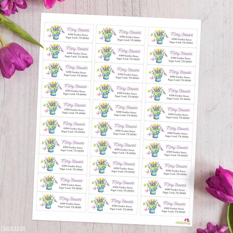 Spring Flowers in Watering Can Address Labels