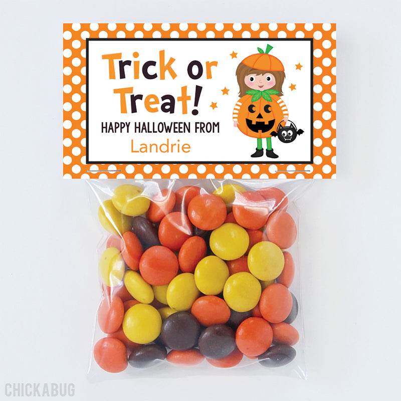 "Trick or Treat" Brunette Girl Halloween Paper Tags and Bags