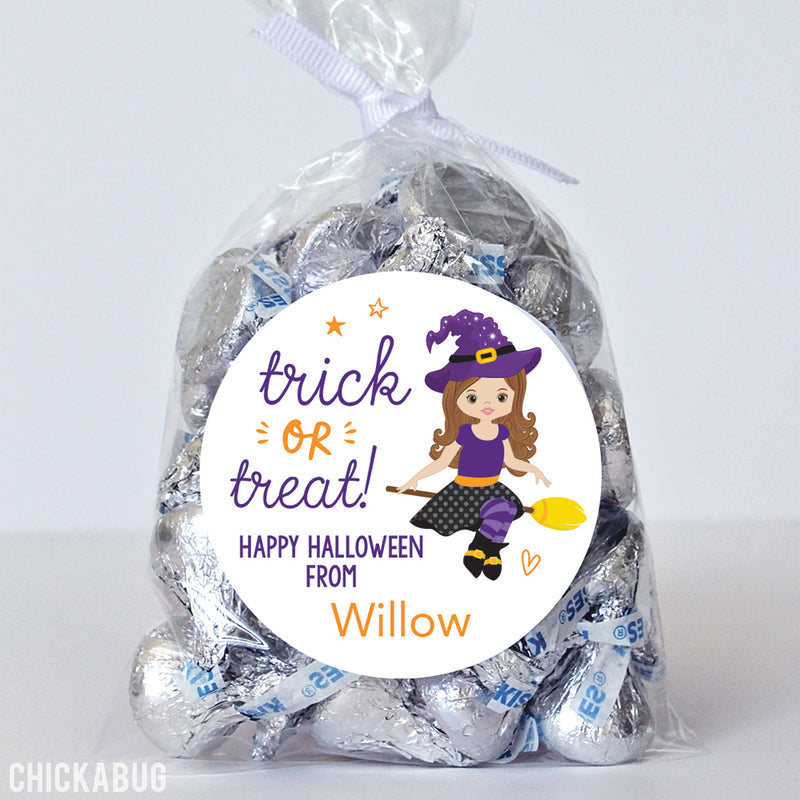 Pretty Witch "Trick or Treat" Halloween Stickers - Brown Hair