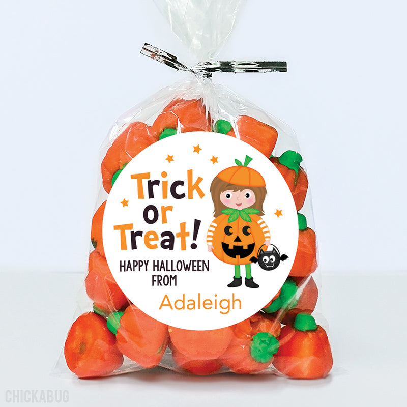 "Trick or Treat" Girl Halloween Stickers - Brown Hair