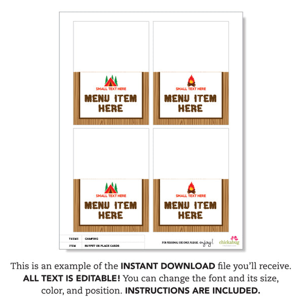Camping Party Table Tent Cards (EDITABLE INSTANT DOWNLOAD)