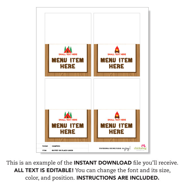 Camping Party Table Tent Cards (EDITABLE INSTANT DOWNLOAD)