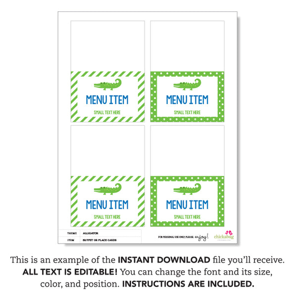 Alligator Party Table Tent Cards (EDITABLE INSTANT DOWNLOAD)