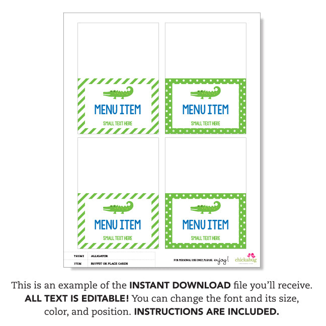 Alligator Party Table Tent Cards (EDITABLE INSTANT DOWNLOAD)