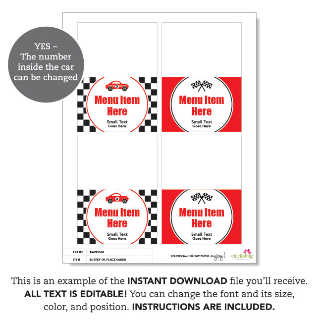 Race Car Party Table Tent Cards (EDITABLE INSTANT DOWNLOAD)