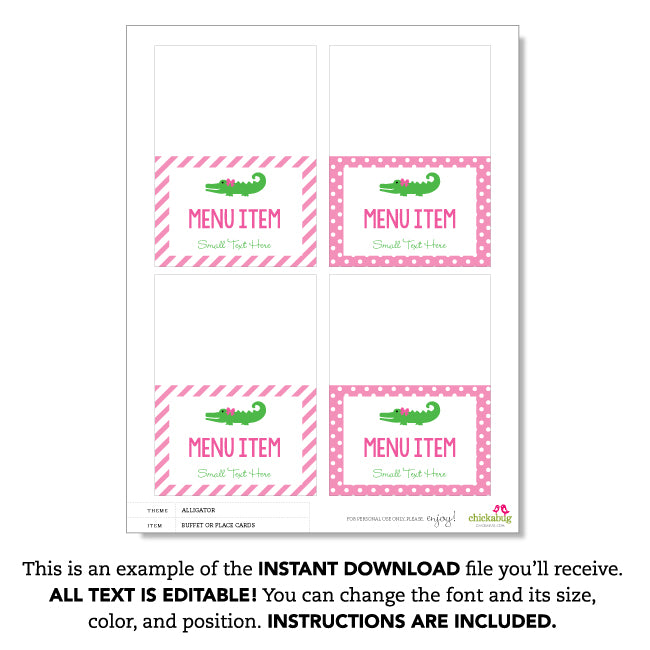 Pink Alligator Party Table Tent Cards (EDITABLE INSTANT DOWNLOAD)