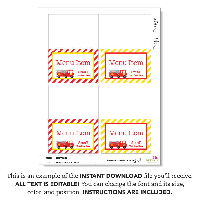 Fire Truck Party Table Tent Cards (EDITABLE INSTANT DOWNLOAD)