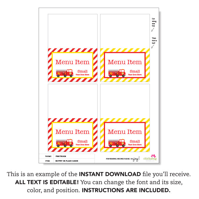Fire Table Card Fire Truck Party Table Tent Cards (EDITABLE INSTANT DOWNLOAD) β Chickabug