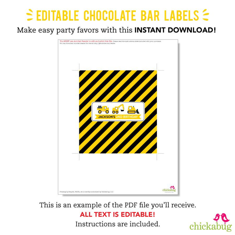 Construction Party Chocolate Bar Labels (EDITABLE INSTANT DOWNLOAD)