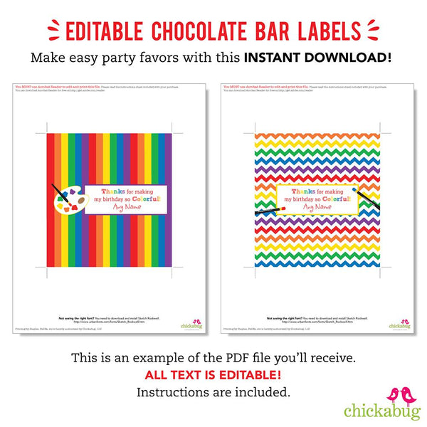 Art Party Chocolate Bar Labels (EDITABLE INSTANT DOWNLOAD)