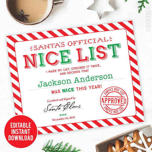 Editable Santa's Nice List Certificate (INSTANT DOWNLOAD)
