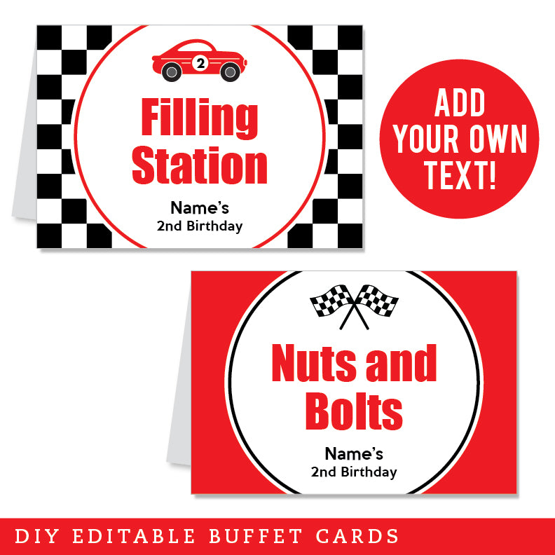 Race Car Party Table Tent Cards (EDITABLE INSTANT DOWNLOAD)