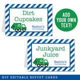 Blue Garbage Truck Party Table Tent Cards (EDITABLE INSTANT DOWNLOAD)