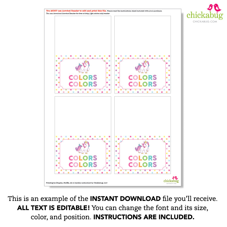 Rainbow Unicorn Party Table Tent Cards (EDITABLE INSTANT DOWNLOAD)