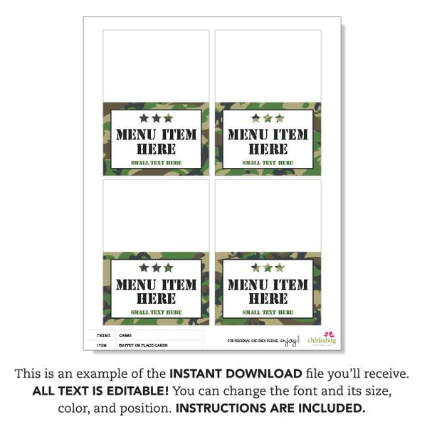 Army Party Table Tent Cards (EDITABLE INSTANT DOWNLOAD)