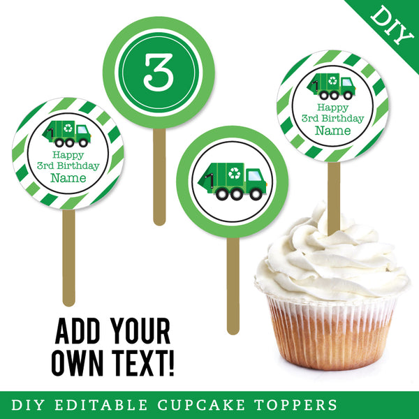 Garbage Truck Party Cupcake Toppers (EDITABLE INSTANT DOWNLOAD)