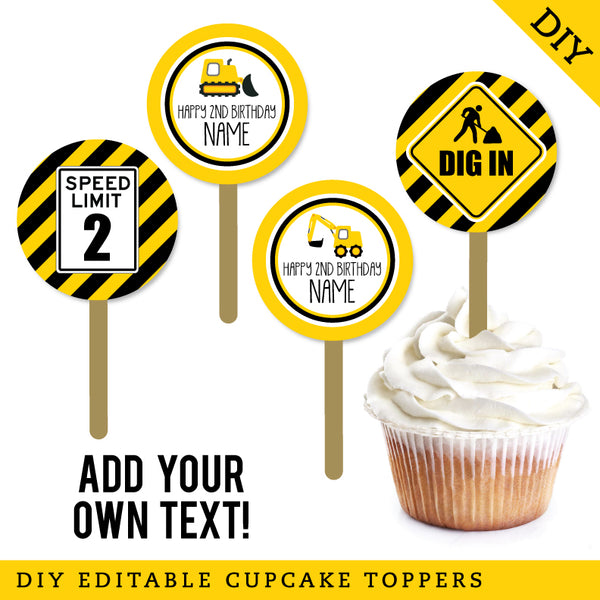 Construction Party Cupcake Toppers (EDITABLE INSTANT DOWNLOAD)