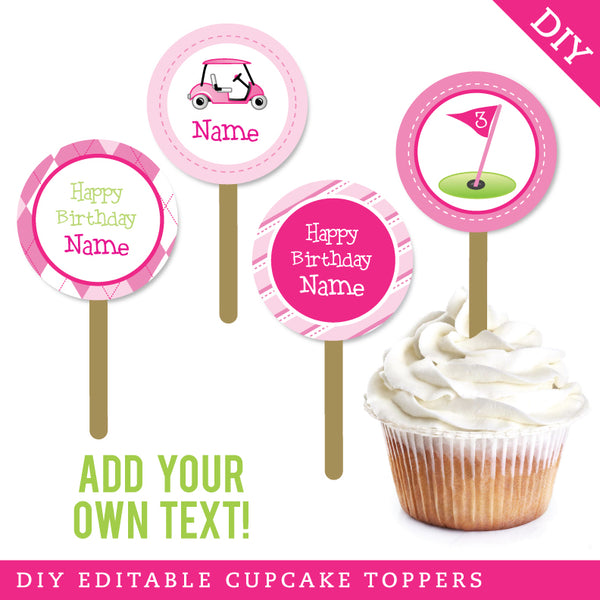 Pink Golf Party Cupcake Toppers (EDITABLE INSTANT DOWNLOAD)