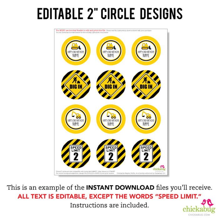 Construction Party Cupcake Toppers (EDITABLE INSTANT DOWNLOAD) – Chickabug for Free Printable Construction Cake Toppers