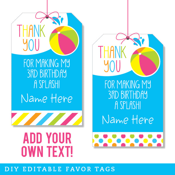 Editable Gift Tags, Gift Tag Template, Favor Tags, Pool Party Labels,  Childrens Party Labels, Hang Tags Drink Labels, Party Gift Ideas, PDF 