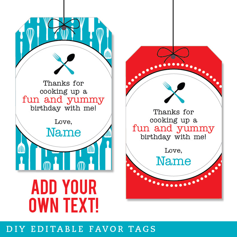 Cooking Party Favor Tags (EDITABLE INSTANT DOWNLOAD)