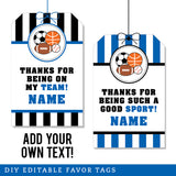 Blue Sports Party Favor Tags (EDITABLE INSTANT DOWNLOAD)