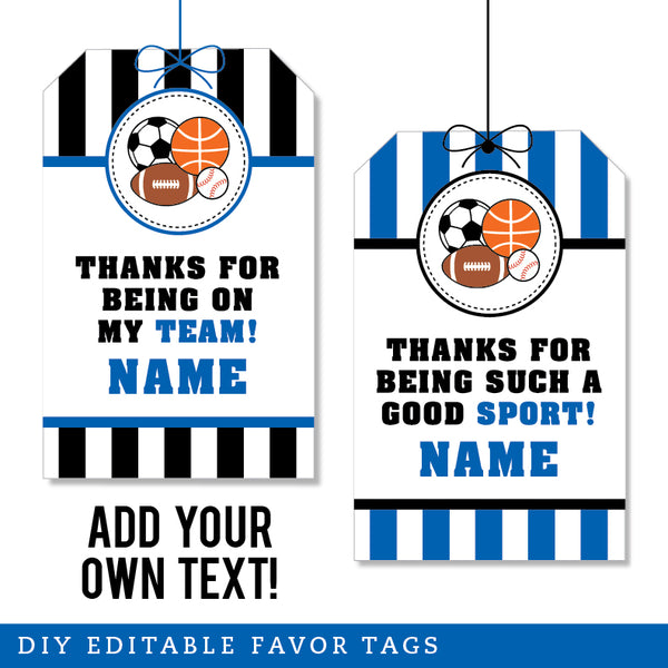 Blue Sports Party Favor Tags (EDITABLE INSTANT DOWNLOAD)