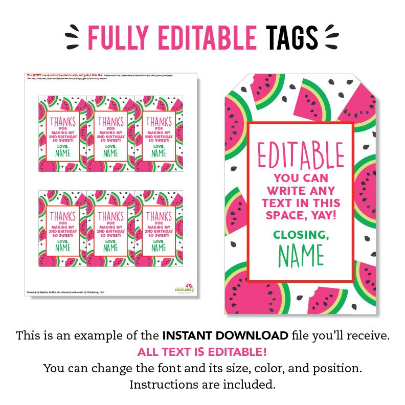 Pink Watermelon Party Favor Tags (EDITABLE INSTANT DOWNLOAD) – Chickabug