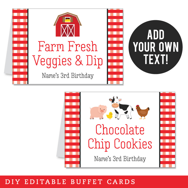 Farm Party Table Tent Cards in Gingham (EDITABLE INSTANT DOWNLOAD)