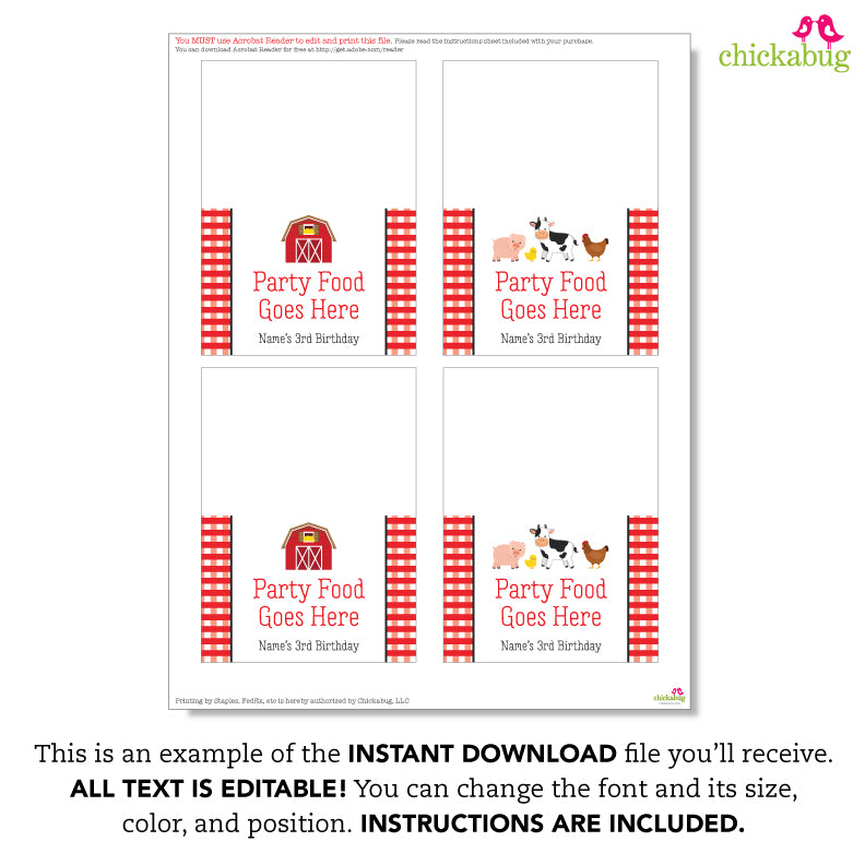 Farm Party Table Tent Cards in Gingham (EDITABLE INSTANT DOWNLOAD)