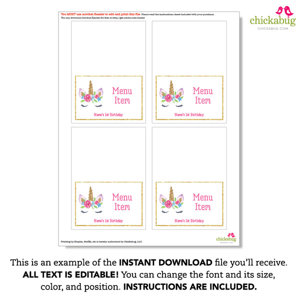 Gold Unicorn Party Table Tent Cards (EDITABLE INSTANT DOWNLOAD)