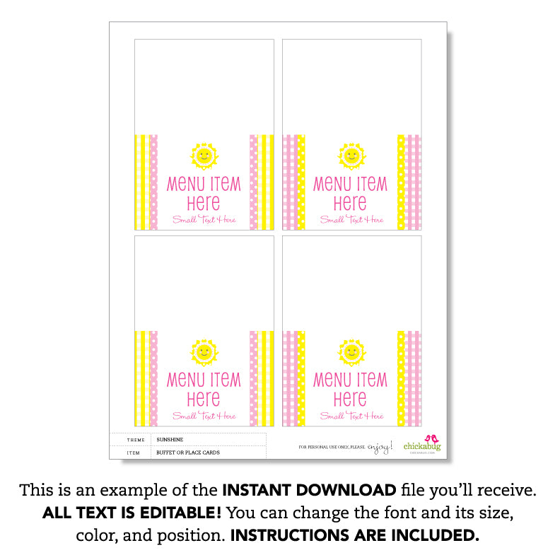 Sunshine Party Table Tent Cards (EDITABLE INSTANT DOWNLOAD)