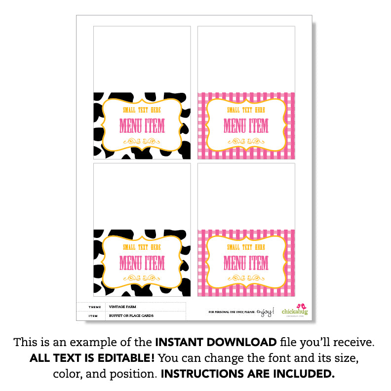 Pink Farm Party Table Tent Cards (EDITABLE INSTANT DOWNLOAD)