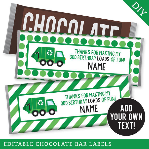 Garbage Truck Party Chocolate Bar Labels (EDITABLE INSTANT DOWNLOAD)
