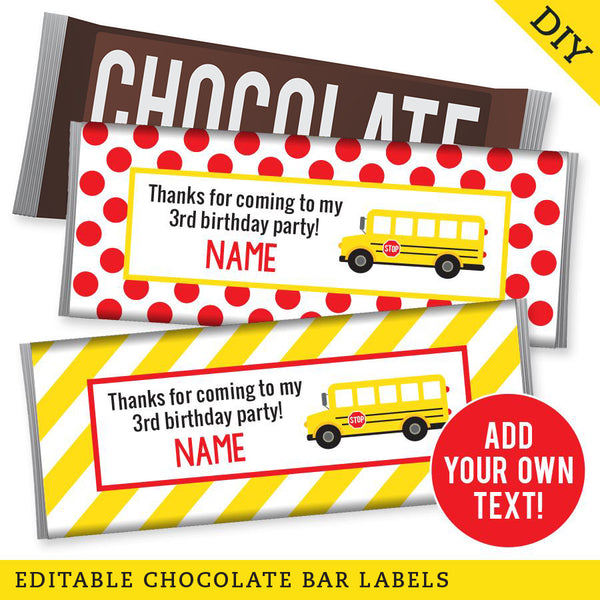 School Bus Party Chocolate Bar Labels (EDITABLE INSTANT DOWNLOAD)