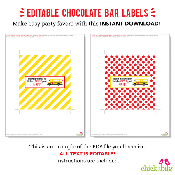 School Bus Party Chocolate Bar Labels (EDITABLE INSTANT DOWNLOAD)