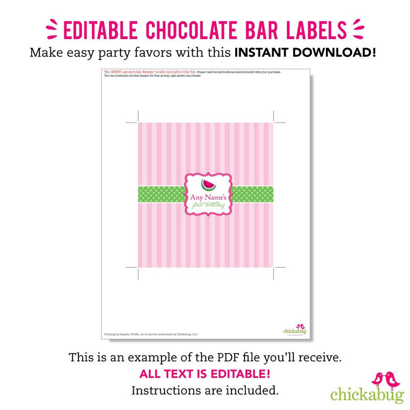 Pink Watermelon Party Chocolate Bar Labels (EDITABLE INSTANT DOWNLOAD)