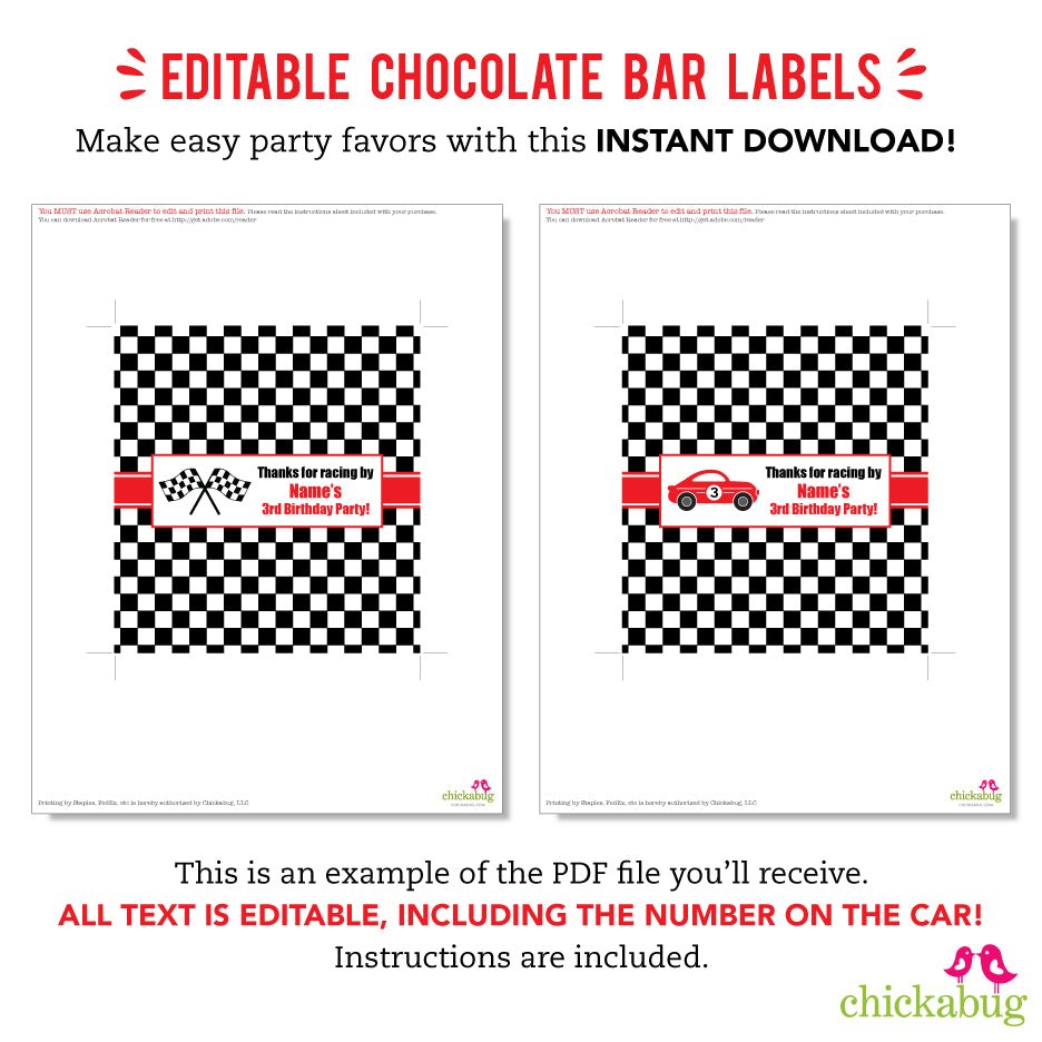 Race Car Party Chocolate Bar Labels (EDITABLE INSTANT DOWNLOAD) – Chickabug