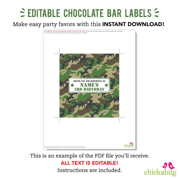 Army Party Chocolate Bar Labels (EDITABLE INSTANT DOWNLOAD)