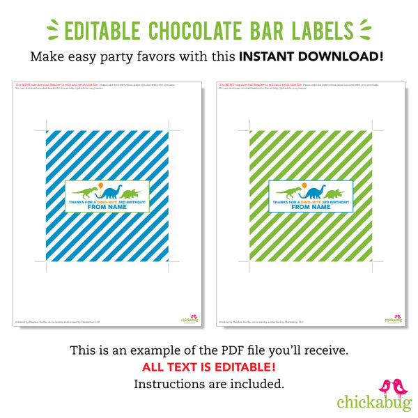 Dinosaur Party Chocolate Bar Labels (EDITABLE INSTANT DOWNLOAD)