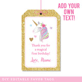 Gold Unicorn Party Favor Tags (EDITABLE INSTANT DOWNLOAD)