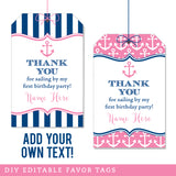 Pink Nautical Party Favor Tags (EDITABLE INSTANT DOWNLOAD)