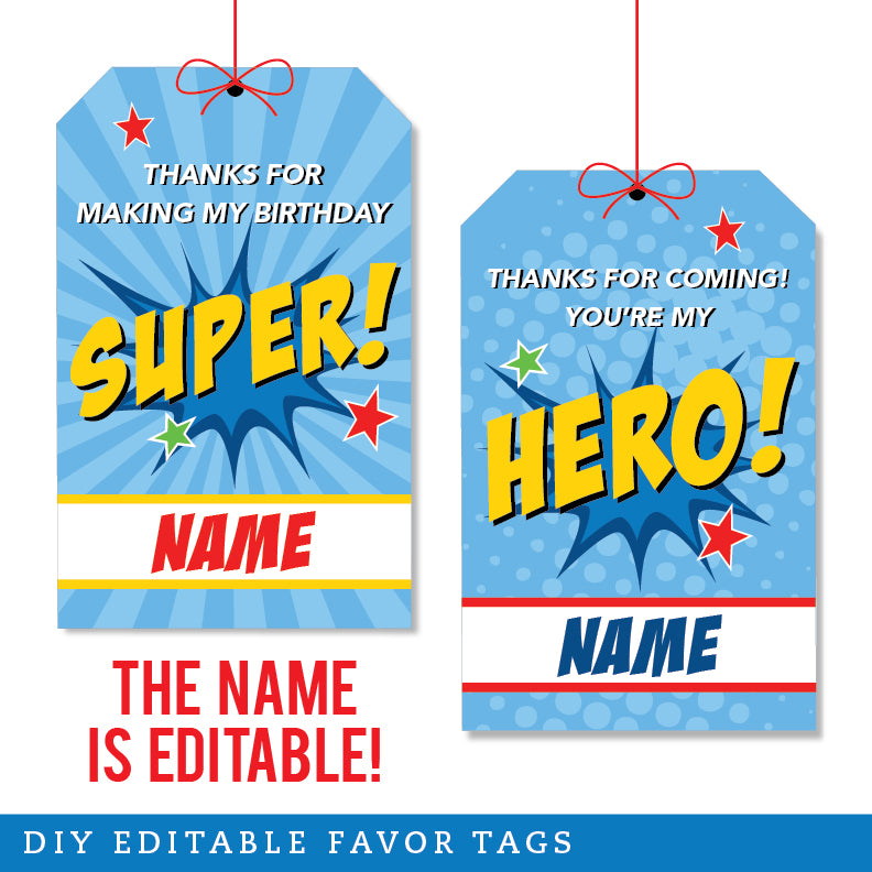 Superhero Party Favor Tags (EDITABLE INSTANT DOWNLOAD)